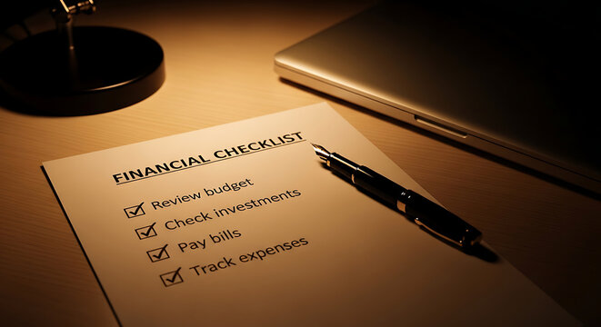 A financial checklist with items like reviewing the budget, checking investments, paying bills, and tracking expenses is laid out on a desk next to a pen and a laptop.