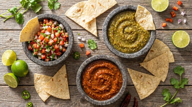 Vibrant mexican dishes with tortillas and fresh ingredients on wooden table