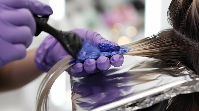 Hairdresser applying blue dye to blonde hair in a salon. Stylist coloring a hair strand with a brush and foil. Professional hair coloring process