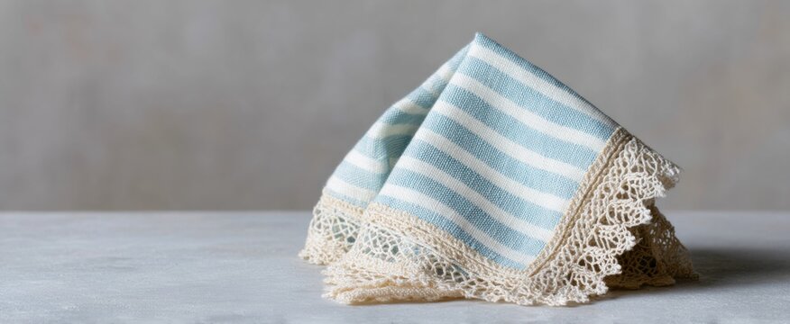 Light blue striped cotton napkin featuring beige lace trim on a soft gray background
