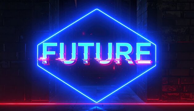 Blue neon sign 'FUTURE' with glitch effect framed by glowing rhombus on dark wall with red floor light. Retro-futuristic synthwave style.