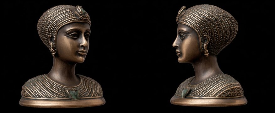 Stunning bronze bust of Cleopatra highlights detailed design and a majestic headdress with Egyptian motifs.
