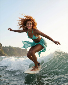 Brown-skinned woman with long fiery red hair and a turquoise two-piece swimsuit cruises on a white surfboard across a vibrant green ocean wave.
