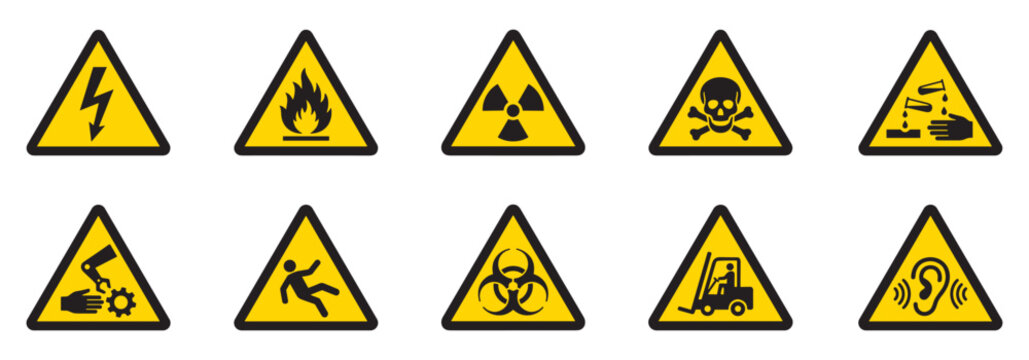 Industrial warning sign icon set. Set of Hazard Warning Signs and Industrial Safety Symbols. Vector Illustration. EPS 10