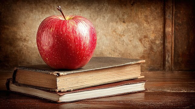 Red apple faint vertical stripes brown short stem on two hardcover books, dark fabric and light tan covers, glossy dark brown wooden surface reflecting light, 
