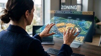 Obraz premium Woman interacting with zoning map hologram