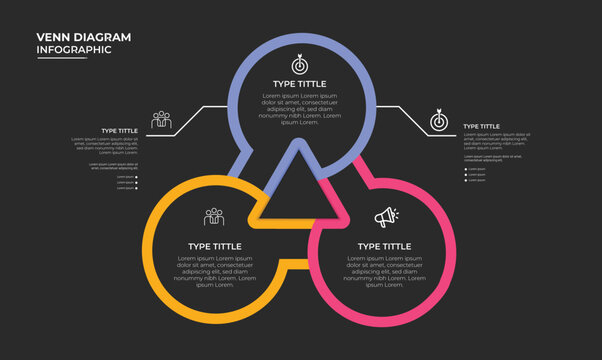 Dark venn diagram infographic layout with three connected circle options for business strategy process analysis report presentation and planning