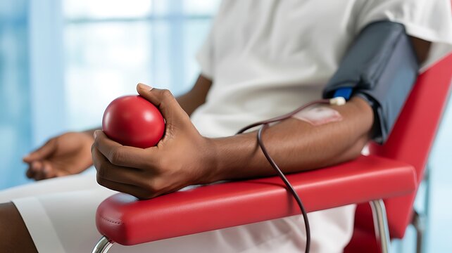 Male arm with pressure cuff donating blood, squeezing red stress ball while seated in clinic