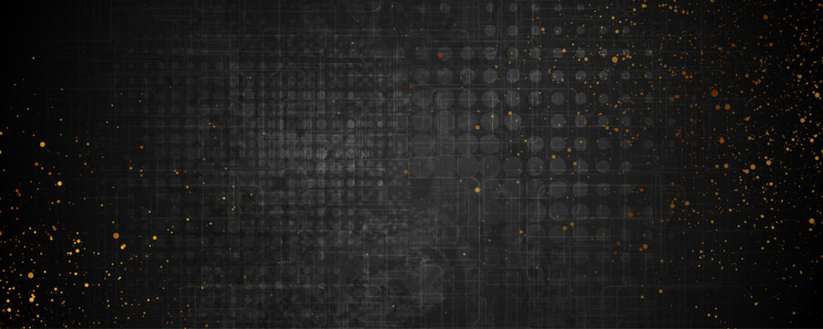 Black grunge halftone texture background with shiny golden dots. Abstract retro vector banner design