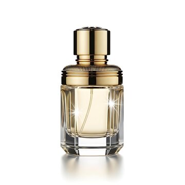 Luxurious perfume bottle with gold cap on white background