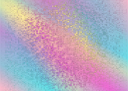 Holographic iridescent background with colorful pixel mosaic pattern. Geometric abstract vector design