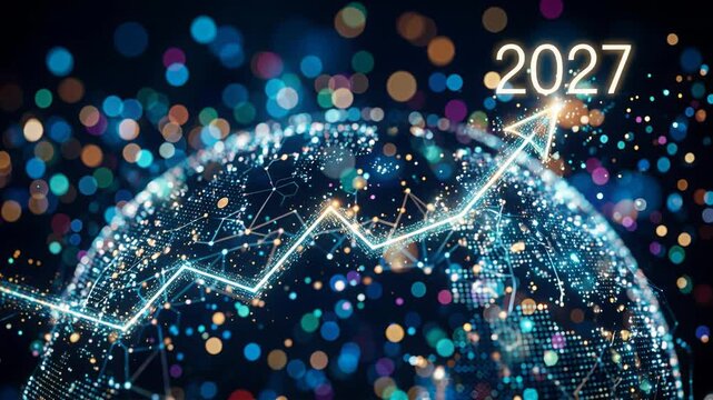 Rising neon arrow on digital globe with number 2027. Abstract data visualization highlighting future New Year progress. Global connectivity and growth concept.
