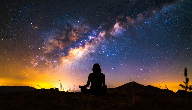 silhouette of a man meditating under a beautiful starry universe , concept of calmness and being one with the universe