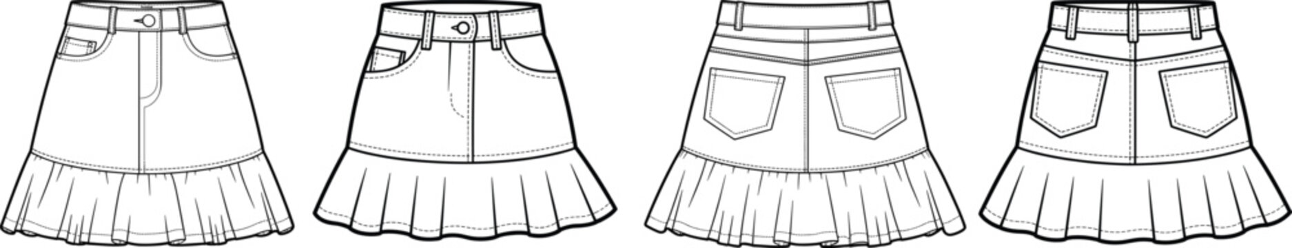 Denim mini skirt with pleated hem technical drawing set, high waist design, front and back views, clean outline &ndash; vector illustration