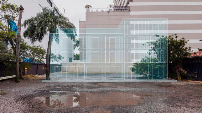 Transparent residential blueprint outlining sustainable infill development on vacant urban lot