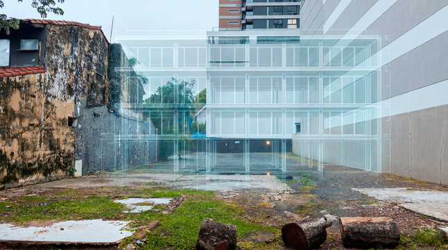 Futuristic architectural wireframe projecting mixed use infill housing on urban site