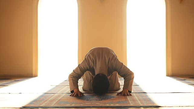 Man performs deep prostration on a patterned rug inside a mosque bathed in golden light
