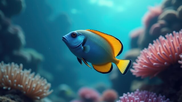 Tropical fish swimming in vivid coral reef, glowing bokeh blue water