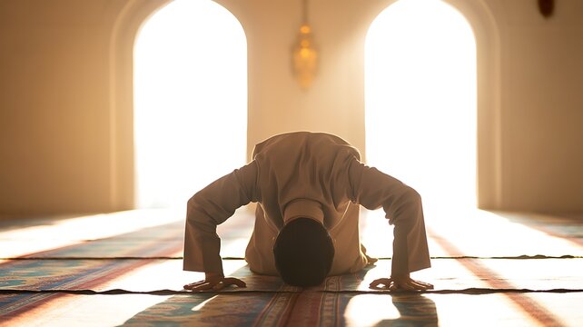 Man prostrating in solemn prayer on a patterned rug inside a mosque with bright sunbeams