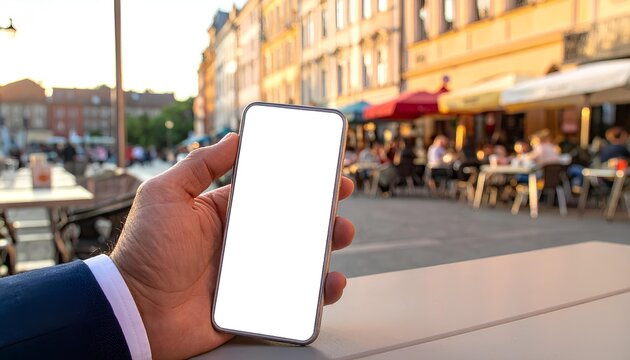Remote work flexibility Hand holding smartphone with blank screen at an outdoor cafe