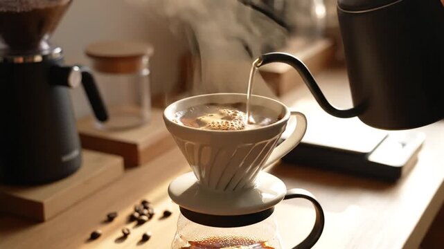 Brewing pour-over coffee with hot water and rising steam