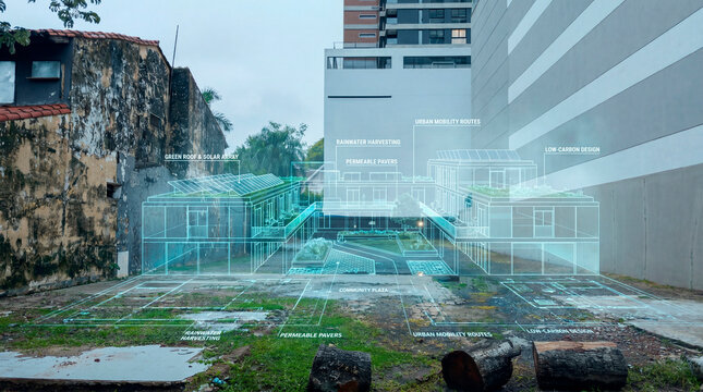 Luminous sustainable mobility plaza blueprint reimagining vacant urban site for low carbon living