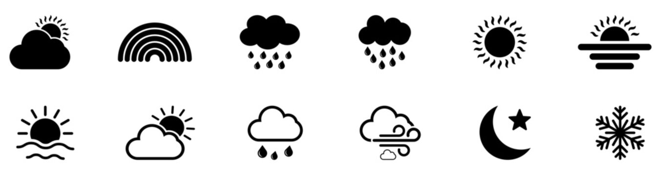 Weather forecast icon set with weather, forecast, cloud, rain, sun, rainbow, wind, moon, snow, sunrise symbols. Climate app interface signs for ui dashboard map and seasonal updates.