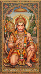 Obraz premium Traditional Lord Hanuman Devotional Portrait in Temple Art Style