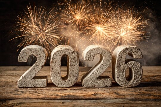 Year 2026 in stone numbers with fireworks in background, celebration and festive atmosphere for new year party, holiday event and countdown concept.
