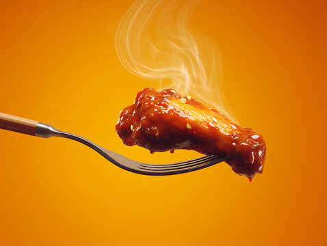 Juicy chicken wings coated in sauce, served on a shiny metal fork