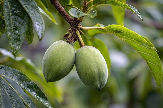 Two unripe green pawpaw fruits hanging from a tree branch with vibrant leaves in natural daylight