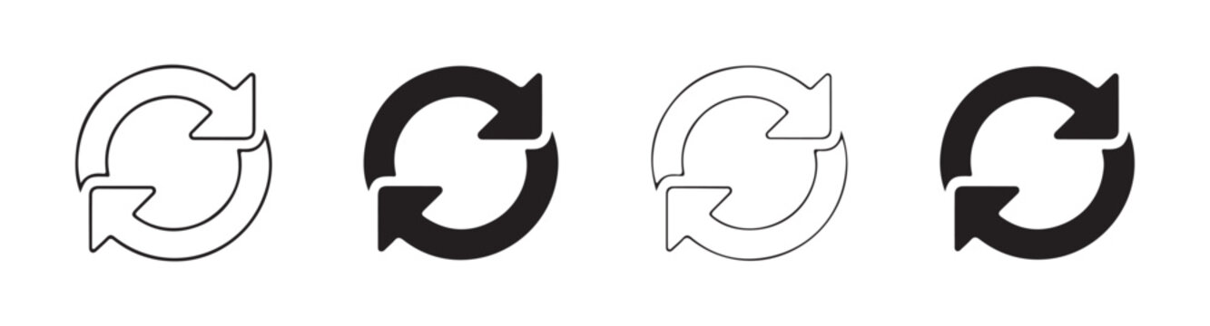Black outline and solid fill refresh arrows icons set for user interface design on transparent background.