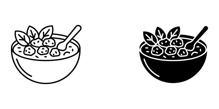 Bowl of salad or soup line and glyph icon set containing chopped vegetables or protein pieces with spoon and garnish on top to represent healthy meal dining choice or culinary menu food photography.