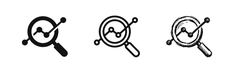 Obraz premium Data Analysis Magnifying Glass and Graph Icon Set in Three Styles