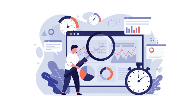 Analyst using a magnifying glass to closely examine business data trends and performance metrics within specific timeframes.