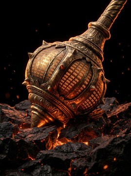 Ornate Golden Gada Striking Lava Ground &ndash; Mythological Weapon Impact