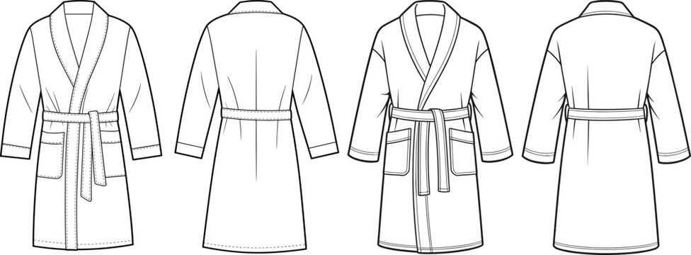 Men bathrobe mockup set, front and back views, belt tie robe with pockets, loungewear outline template &ndash; vector illustration