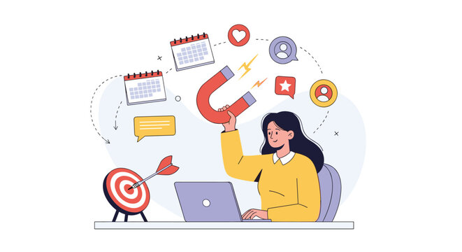 Marketing specialist using a powerful magnet to attract target audience, customers, and successful business opportunities.