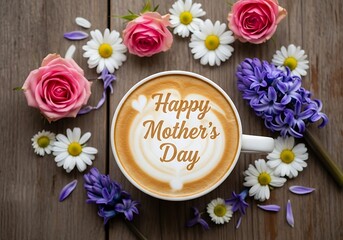 Fototapeta premium Happy Mothers Day celebration with flowers and coffee cup on wooden table
