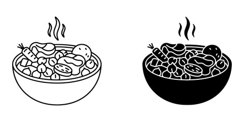 Traditional stew bowl icon featuring meat chunks vegetables and chick peas with steam in outline and glyph styles for hearty meal concepts restaurant menus and healthy cooking website graphics. © Shofikul Stock