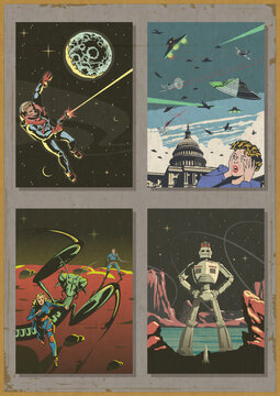 Cosmic Retro Future Style Illustratrions, Vintage Sci-Fi Posters from the Atomic Age. Astronauts, UFO Attack, Extraterrestrial Monster, Giant Robot