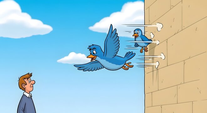 A curious man witnesses a vibrant blue bird soaring away, while another small bird humorously impacts a solid wall with visible speed and force
