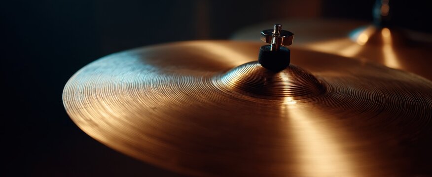 Vibrant medium shot of a polished cymbal from a drum set for percussion music