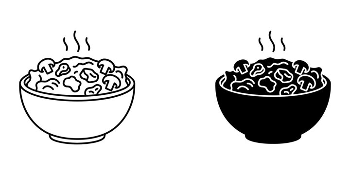 Beef stroganoff bowl with mushrooms and steam line art and solid silhouette icons set for restaurant menu russian cuisine branding or home cooking blog black and white minimalist food graphics.