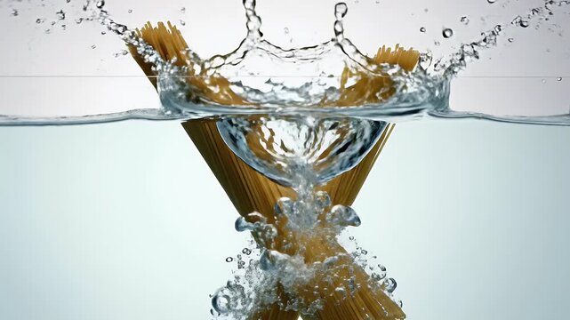 A bundle of spaghetti is partially submerged in clear water, creating a stark visual contrast.