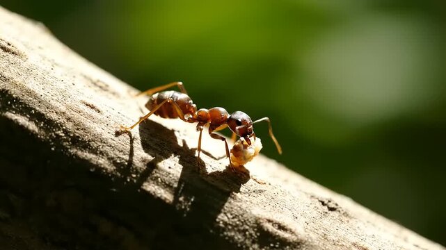 Close-up of an ant carrying food on a tree branch in sunlight.