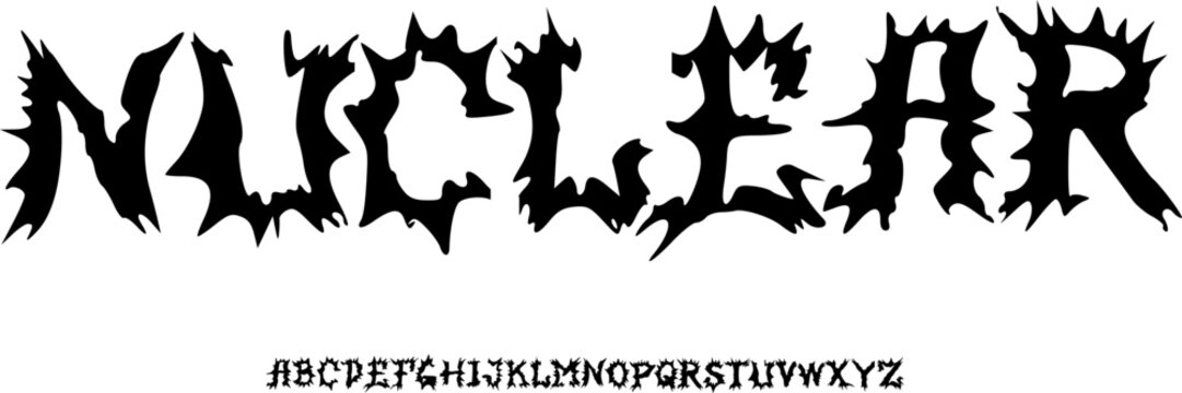 NUCLEAR Aggressive Gothic Display Font Alphabet &ndash; Sharp Distorted Decorative Typeface with Dark Metal Style for Album Covers, Band Logos, Posters, Horror Branding, and Extreme Typography Projects