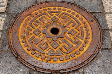 Obraz premium Rusty metal manhole cover with worn out geometric anti-slip patterns.