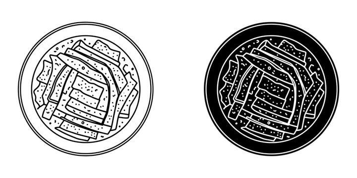 Sliced tagine dish icon set in outline and solid style for moroccan cuisine restaurant menu design illustrating lamb or beef meat cooked with olives and lemons in ceramic vessel from top view.