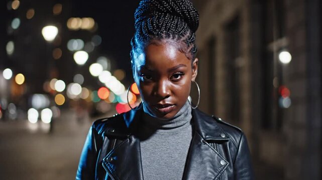 Stylish Woman Posing Confidently on City Street at Night.